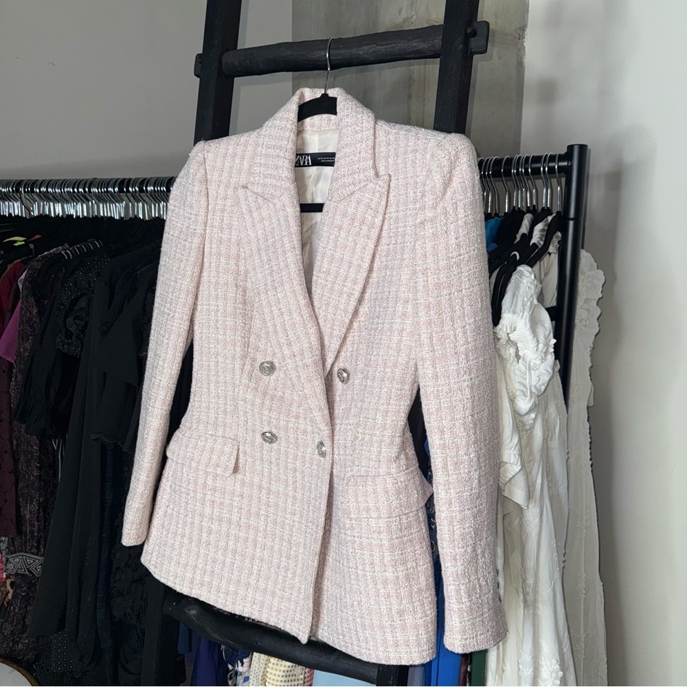 ZARA Pink Tweed Double-Breasted Blazer Jacket - Picture 3 of 17